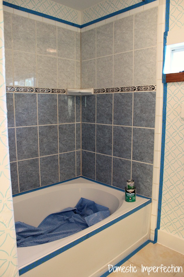How To Refinish Outdated Tile Yes I Painted My Shower Domestic Imperfection - How To Get Spray Paint Off Bathroom Tiles