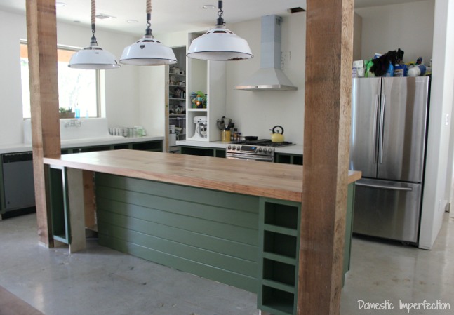 Kitchen Progress Dark Green Cabinets A Rustic Wood Countertop